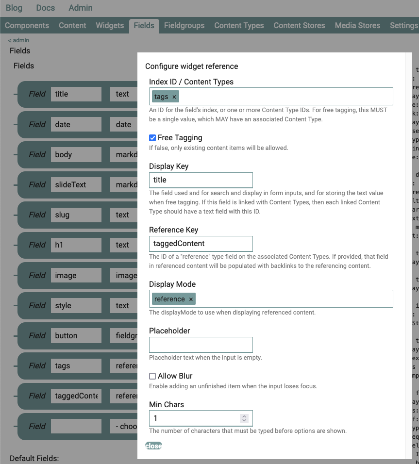 Configuration screen for a reference field in Svelte CMS